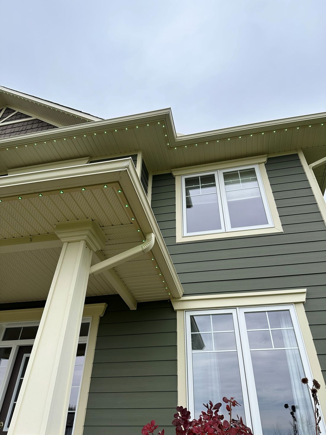 Soffit in daylight showing a neat row of small light pods under the roofline